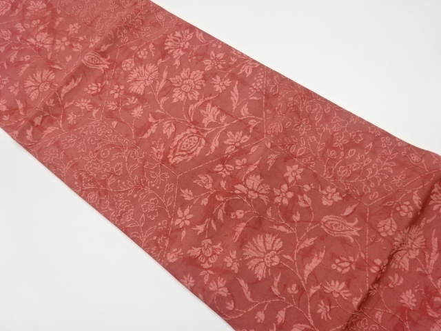 リサイクル　ふくれ織亀甲に草花模様織出し全通袋帯